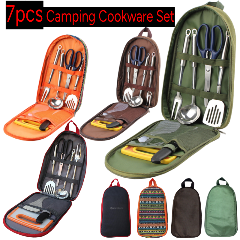 Camping Cooking Set Stainless Steel - 7pcs Camping Kitchen Utensil Set with