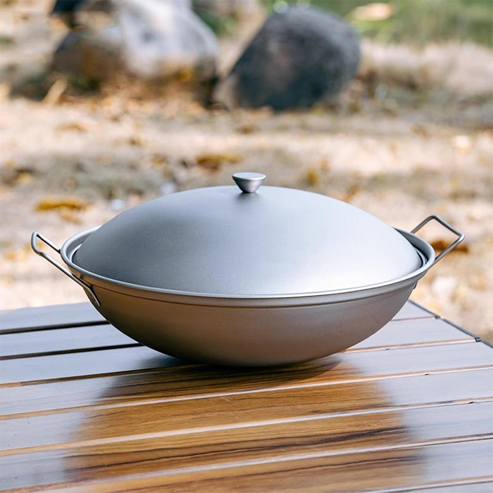 Titanium Wok Pan with Lid Doub - Camping Cooking Hardware ulasan dan harga